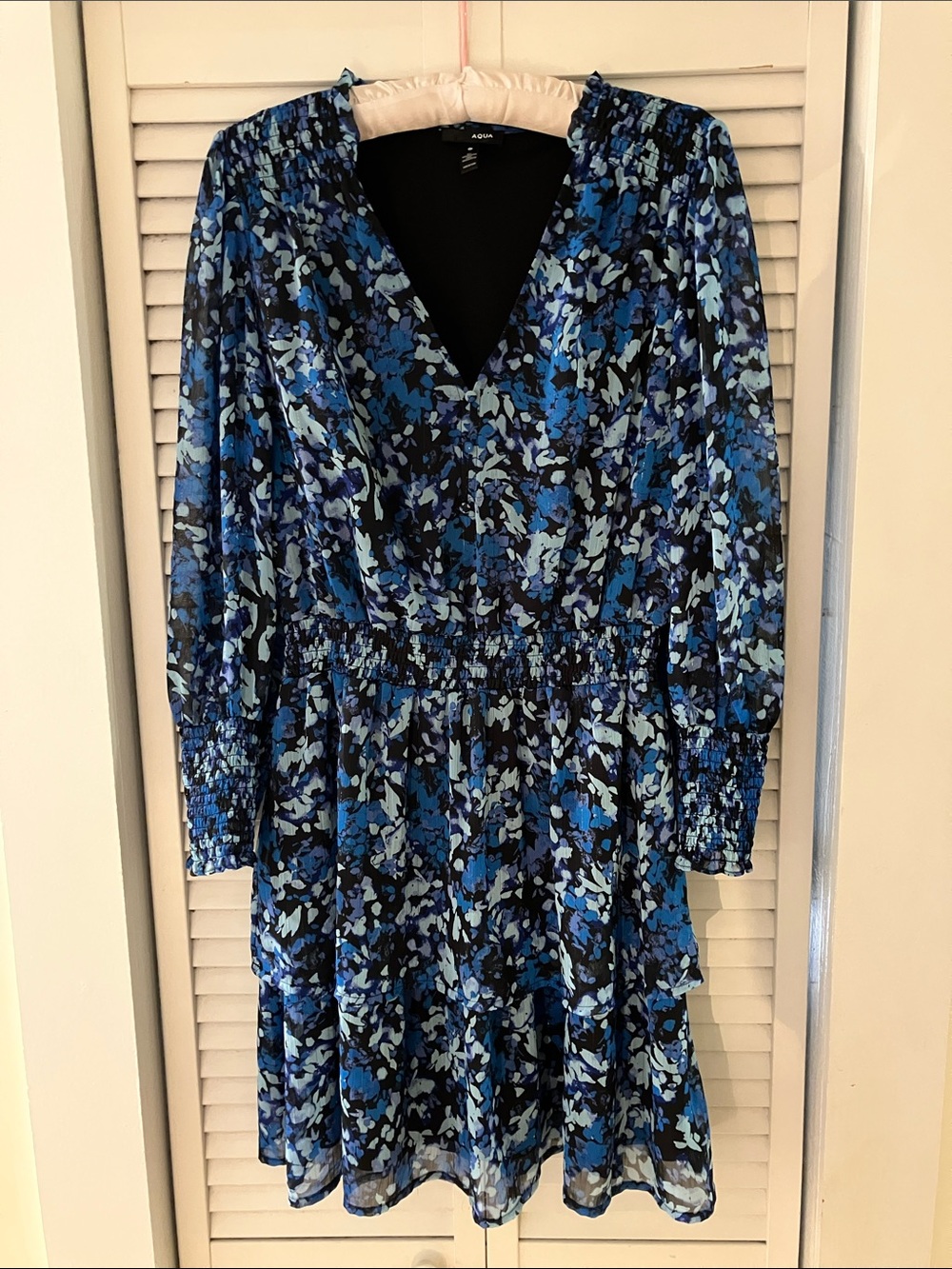Aqua Ruffled Blue and Black Floral Dress Size XL